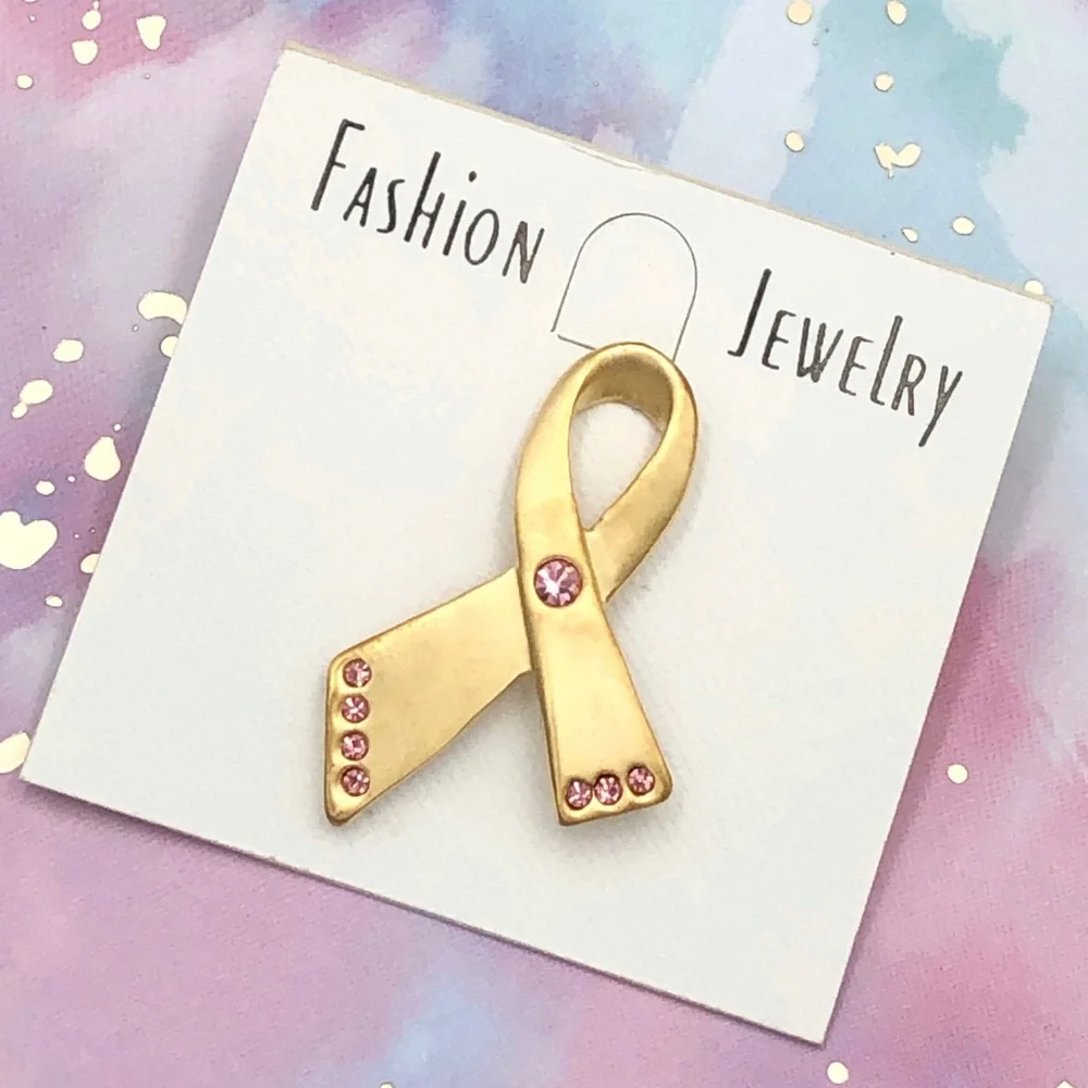 🍀 Gold Tone Pink Ribbon Breast Cancer Brooch